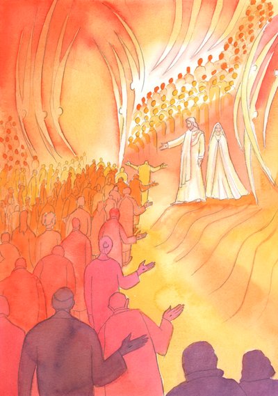 Ristiinnaulittu Jeesus odottaa taivaan portilla äitinsä Marian ja pyhien enkelien kanssa, 2000 (paperilla) tekijältä Elizabeth Wang