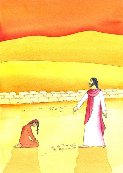 Jeesus antaa anteeksi aviorikoksesta kiinni jääneelle naiselle, 2006 (paperilla) tekijältä Elizabeth Wang