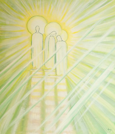 Jeesus antaa suuren esirukousvoiman Neitsyt Marialle ja Pyhälle Joosefille sekä kaikille, jotka rukoilevat toisten puolesta hänen nimessään, 2000 (öljyä laivalla) tekijältä Elizabeth Wang