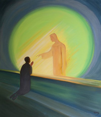 Jeesus ojentaa meidät pyhässä ehtoollisessa keventääkseen taakkaamme ja antaakseen meille iloa, 2000 (öljyä laivalla) tekijältä Elizabeth Wang