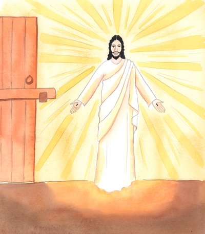 Aivan kuten Jeesus tuli hiljaa lukitun oven läpi ollakseen ystäviensä luona ylähuoneessa ja tuodakseen heille rohkeutta ja iloa, niin hän tulee hiljaa meidän luoksemme, kun luotamme häneen, 2005 (vesiväri paperille). tekijältä Elizabeth Wang