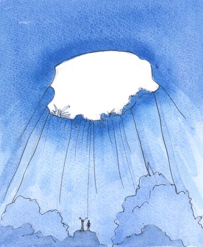 Aivan kuten jotkut ihmiset voivat jäädä loukkuun viidakon syvän luolan pohjalle, niin me vieraannumme Jumalasta synnin kautta, 2005 (vesiväri paperille). tekijältä Elizabeth Wang