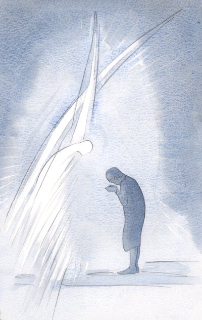 Oma pyhä suojelusenkelini toistaa esittämäni rukouksen kumartaen alas ja sanoen Kristuksen nimessä: "Kolme yhdessä, pyhä Jumala, minä palvon sinua", 2000 (paperilla) tekijältä Elizabeth Wang