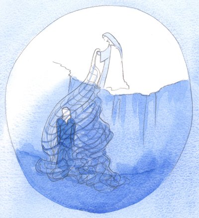 Kun pyhimys näkee lähestyvän pyhäkköä ja näkemämme antaumuksemme, hän laskee armon "verkon" vetääkseen meidät lähemmäksi taivasta, 2002 (paperilla) tekijältä Elizabeth Wang