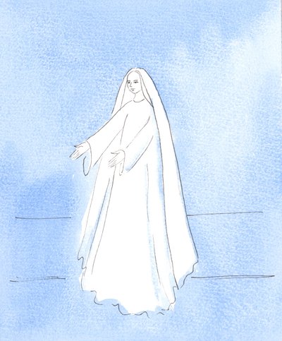 Neitsyt Maria ojensi minulle kätensä ja näytti, kuinka iloinen hän on siitä, että häntä rakastetaan ja toivotetaan tervetulleeksi, 2005 (vesiväri paperille). tekijältä Elizabeth Wang
