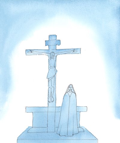 Our Lady of Sorrows: 2005 (akvarelli paperille): Neitsyt Maria kärsi kauheasti, kun Jeesus Kristus, hänen rakas poikansa, kuoli kidutuksessa ristillä. tekijältä Elizabeth Wang