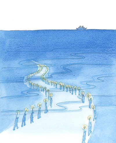 Ihmiset, jotka kuolevat rukoillessaan (kuten ne, jotka kuolivat rukoillen Ruusukkoa Titanicilla) marssivat tietä, joka näyttää johtavan pimeyteen, 2002 (paperilla) tekijältä Elizabeth Wang