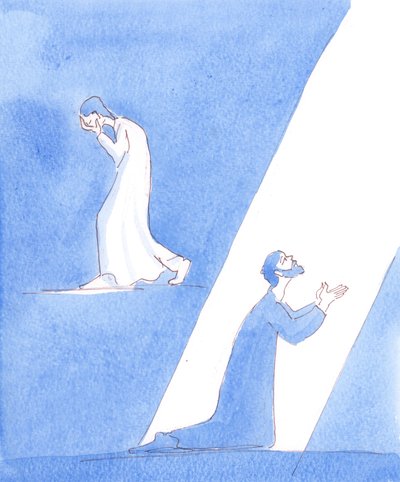 Syntinsä katuvat ihmiset osoittavat katumuksensa eri tavoin, 2005 (akvarelli paperille). tekijältä Elizabeth Wang