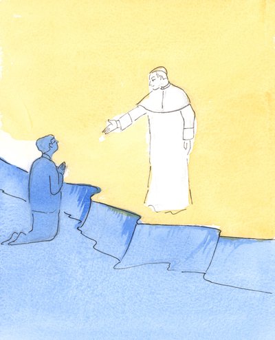 Paavi Johannes Paavali seisoo taivaassa ja ojentaa kätensä tervehdyksenä, kun pyydämme hänen apuaan, 2006 (paperilla) tekijältä Elizabeth Wang