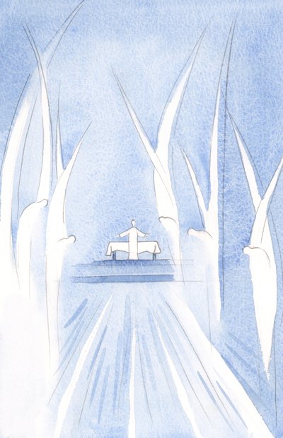 Enkelit kumartuvat Kristuksen uhriin ryhmittyneenä Hänen ympärilleen. Toiset kumartavat syvästi kunnioittaen kaikkialla kirkon ympärillä., 2001 (paperilla) tekijältä Elizabeth Wang