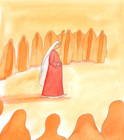 Siunattu Neitsyt Maria hyväksyi Jumalan tahdon, joka oli, että hän kantaisi lasta kohdussaan, 2005 (akvarelli paperille). tekijältä Elizabeth Wang