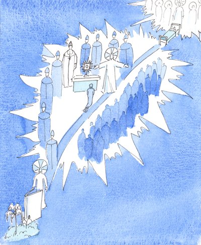 Katolinen kirkko opettaa sitä ihanaa totuutta, että Jumala on menneisyydessä tavoittanut ihmiset eri tavoin, 2005 (akvarelli paperille). tekijältä Elizabeth Wang