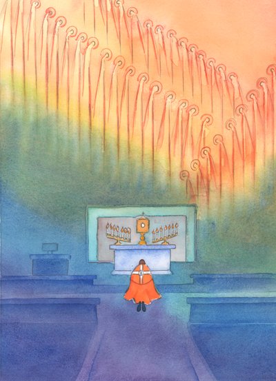 "Pyhien ehtoollinen", jota julistamme uskontunnustuksessa, on todellisuutta, 2002 (w/c paperilla) tekijältä Elizabeth Wang