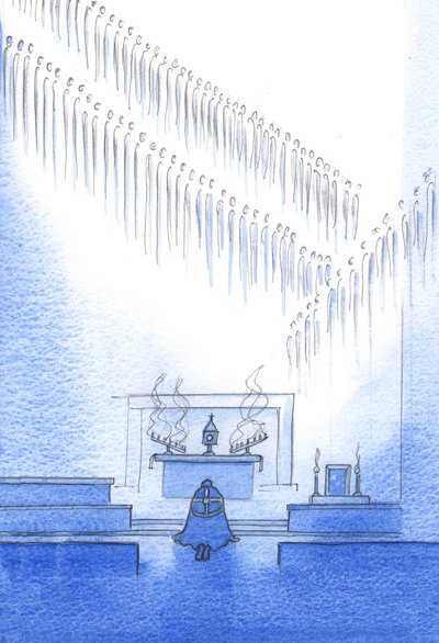 Taivaalliset ystävät, joiden elämän tunnustamme uskontunnustuksessa, ovat kokoontuneet ympärillemme. Olemme yksi perhe, 2002 (paperilla w/c) tekijältä Elizabeth Wang