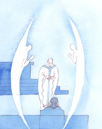Pyhä eukaristia, joka on Jeesus Kristus todella läsnä, on niin suuri ja pyhä lahja, että kaksi enkeliä seuraa pappia, kun hän kantaa siunattua sakramenttia meille, ehtoolliselle, 2005 (vesiväri paperille). tekijältä Elizabeth Wang