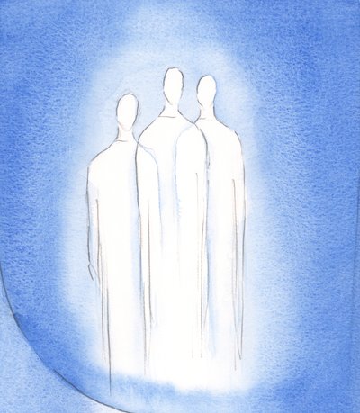 Pyhä kolminaisuus, yksi Jumala, kolme persoonaa, asuu kristityn sielussa häikäisevässä loistossa, 2002 (w/c paperilla) tekijältä Elizabeth Wang