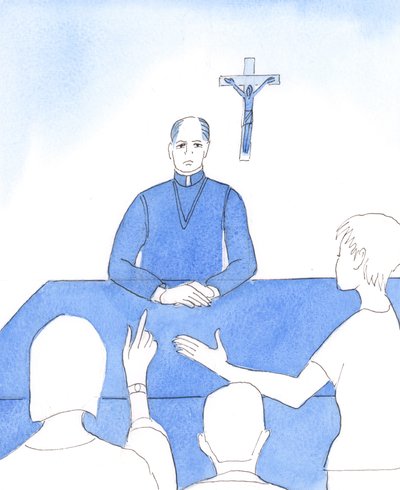 Herra pyytää piispoja katsomaan taaksepäin elämäänsä. Ovatko he koskaan jättäneet puhumatta esimerkiksi moraalista peläten, että he suututtavat ihmisiä tai ajavat heidät pois, 2005 (akvarelli paperille). tekijältä Elizabeth Wang