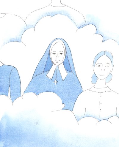 Herra näytti minulle pyhän Bernadetten, joka on nyt autuaasti onnellinen taivaassa muiden pyhimysten kanssa lyhyen ja tuskallisen elämänsä jälkeen, 2005 (akvarelli paperille). tekijältä Elizabeth Wang