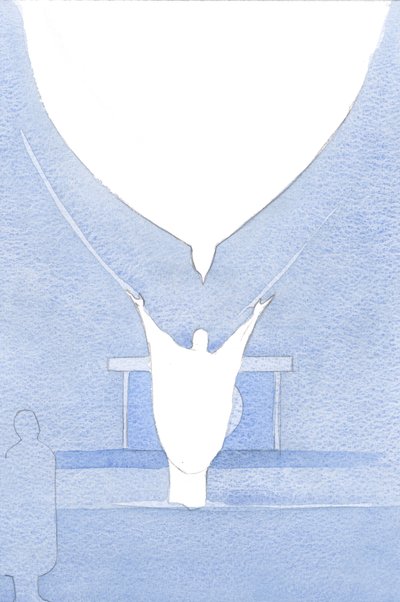 Pyhin Henki - ikään kuin siivet ojennettuna - seisoi Kristuksen pään yläpuolella ja otti vastaan Hänen uhrinsa Isän rakkaudessa., 2001 (paperilla) tekijältä Elizabeth Wang