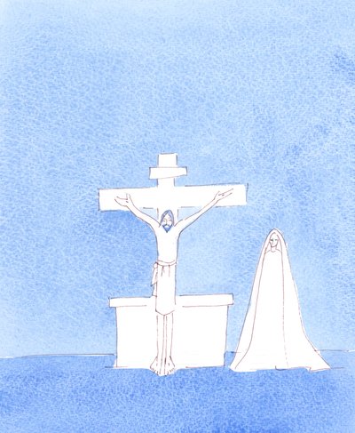 Ylösnoussut Kristus on todella läsnä kanssamme, kun hän rukoilee Isää syntisten anteeksiantamuksen puolesta, aivan kuten hän rukoili ristiltä Golgatalla, 2004 (akvarelli paperille). tekijältä Elizabeth Wang