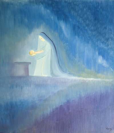 Neitsyt Maria hoiti lastaan Jeesusta yksinkertaisesti ja iloisesti, 2001 (öljyä aluksella) tekijältä Elizabeth Wang