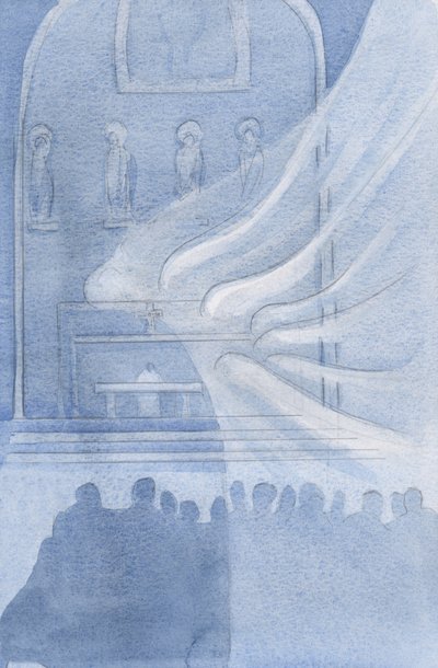 Enkelit palvovat Kristusta Pyhässä Eukaristiassa, 2001 (paperilla) tekijältä Elizabeth Wang