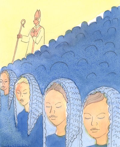 Pään peittäminen ja paljastaminen on tärkeää Bishopsille, 2004 (w/c paperilla) tekijältä Elizabeth Wang