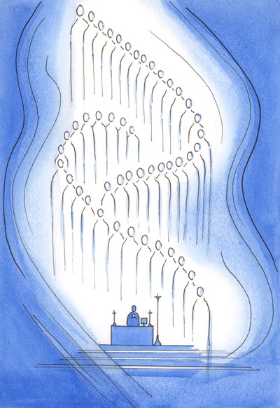 Pyhät ovat läsnä kanssamme pyhäkössä, 2001 (w/c paperilla) tekijältä Elizabeth Wang