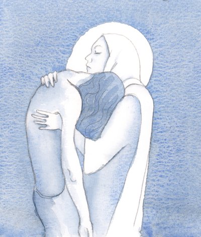 Surullinen Neitsyt Maria pitää Poikansa Jeesusta kädessään hänen kuolemansa jälkeen, murheen sydämeen lävistettynä, mutta täynnä uskoa, 2000 (paperilla) tekijältä Elizabeth Wang
