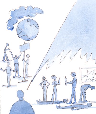 Maallisessa elämässä on monia vaaroja, kuten saastuminen ja nälänhätä, 2004 (vesiväri paperille). tekijältä Elizabeth Wang