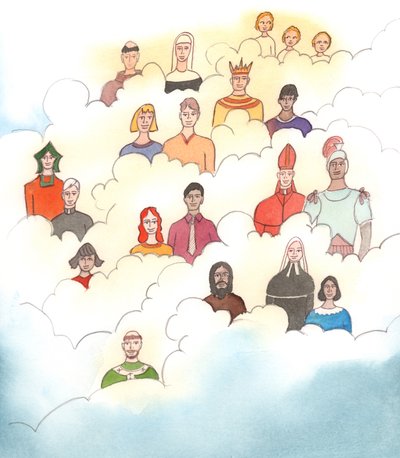 Vaikka tiedämme, että pyhät eivät istu pilvien päällä, kuten muinaisissa kuvissa näytetään, noiden kuvien kautta näytetty totuus pysyy samana, 2005 (vesiväri paperille). tekijältä Elizabeth Wang