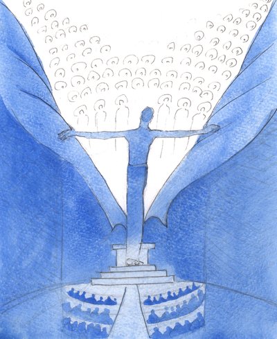 Hänen kauttaan, Hänen kanssaan: Kristus, joka on läsnä keskuudessamme, repii irti verhon, joka erottaa meidät taivaasta, 2005 (akvarelli paperille). tekijältä Elizabeth Wang