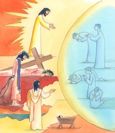 Rukouksen kautta, erityisesti kirkon liturgisen rukouksen syklin kautta, voimme päästä Kristuksen maallisen elämän salaisuuksiin, 2005 (akvarelli paperille). tekijältä Elizabeth Wang