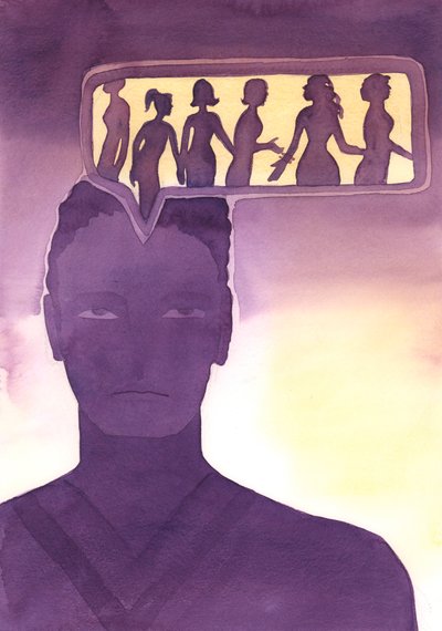 Jatkuva pornografisten fantasioiden parissa eläminen on kuin asuisi vieraassa maassa, loukussa itsensä hemmottelussa, välttäen jokapäiväisen elämän iloja ja velvollisuuksia ja "välttäen" yhteyttä kaikkirakkaaseen Jumalaan., 2004 (akvarelli paperille). tekijältä Elizabeth Wang