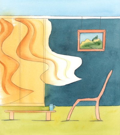 Kaksi ihmistä voi katsoa samaa maisemaa, ja toinen tuntee kauhua - tietäen, että murhaaja hiippailee ympärillä, kun taas toinen näkee vain tuulen puhaltavan verhoissa - auringon paistaessa alas, 2005 (vesiväri paperille). tekijältä Elizabeth Wang