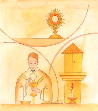 Voimme saada taivaasta suuria armoja pyhien rukousten kautta, mutta suurimmat armot antaa kuitenkin Kristus itse, suoraan messussa, pyhässä sakramentissa tabernaakkelissa, ekspositiossa ja adoraatiossa, 2005 (akvarelli paperille). tekijältä Elizabeth Wang