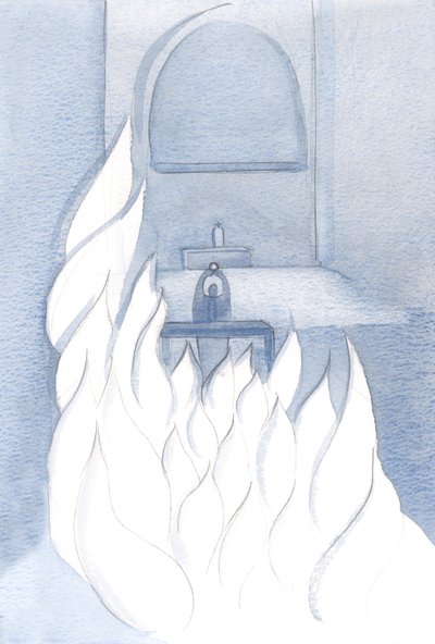Mikä harmonia onkaan ylistyksemme! Rukouksemme - liekkeinä - sekoittuvat enkelin ylistyksen puhtaisiin "liekkeihin"., 2000 (w/c paperilla) tekijältä Elizabeth Wang