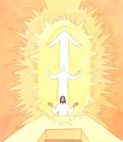 Kun Kristus oli ylähuoneessa rukoilemassa ennen kärsimystään, hän rukoili Pyhässä Hengessä taivaalliselle Isälleen, 2005 (vesiväri paperille). tekijältä Elizabeth Wang