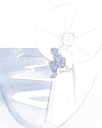 Kun turvaudun Kristukseen, hiljaisessa rukouksessa, olen kuin pieni lapsi, jota kantaa hänen elinvoimansa ja ilonsa., 2000 (w/c paperilla) tekijältä Elizabeth Wang