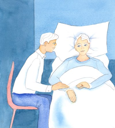 Kun perheenjäsen on hyvin huonossa kunnossa, on tärkeää, että kristityssä perheessä valmistaudutaan aktiivisesti kuolemaan, käännytään luottamuksella Herran puoleen, puhutaan totuudenmukaisesti toisillemme ja toimitaan herkästi ja lempeästi, 2005 (akvarell tekijältä Elizabeth Wang