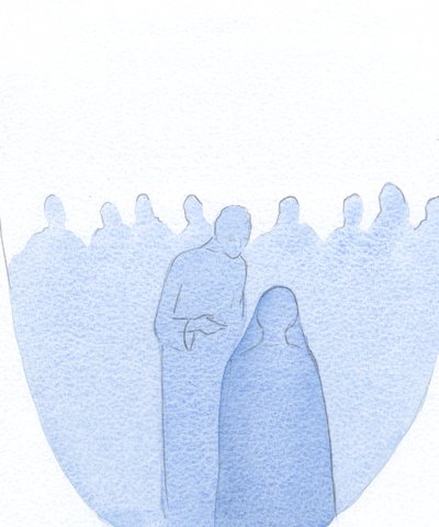 Kun Jeesus-lapsi löydettiin temppelistä, Hän kumartui eteenpäin ja selitti hiljaa Pyhälle Äidilleen (äärettömällä ystävällisyydellä), että Hänen työnsä oli jo alkanut., 2001 (paperilla) tekijältä Elizabeth Wang