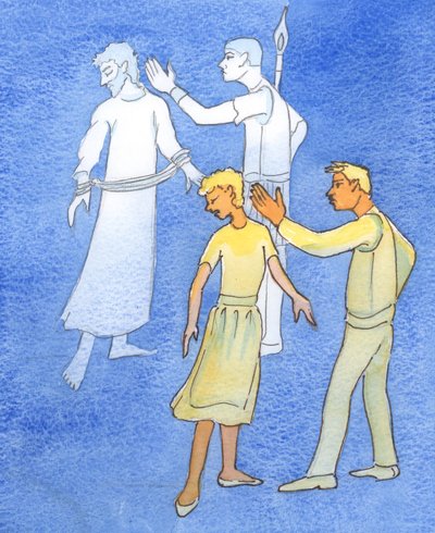 Joka kiroaa, lyö, hylkää tai "tuhoaa" puolisonsa, kiroaa Kristusta hänen kärsimyksessään, 2003 (vesiväri paperille). tekijältä Elizabeth Wang