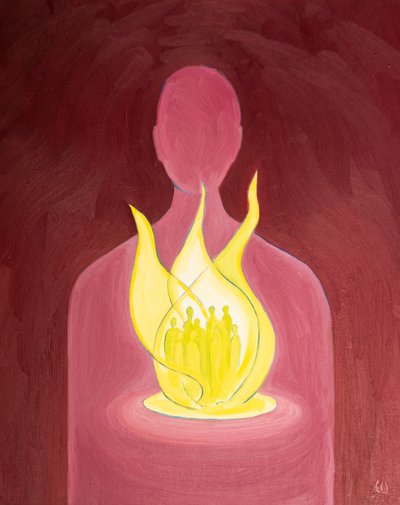 Jumalan rakkaudella voimme auttaa ja rukoilla niiden puolesta, joita kannamme sydämessämme, 2000 (öljyä aluksella) tekijältä Elizabeth Wang