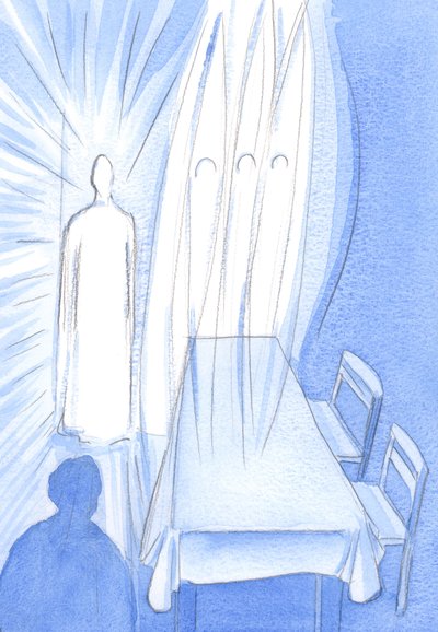 Pyhien enkeliensä kanssa Kristus katselee ihaillen, kun me rukoilemme; Hän piilottaa rakkautensa, kun hän auttaa meitä kasvamaan uskossa, 2002 (paperilla) tekijältä Elizabeth Wang