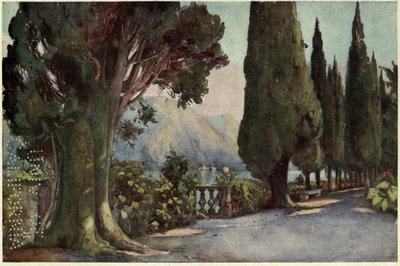 Cypress Avenue, Villa del Pizzo, Lago di Como, kuvitus Richard Bagotin teoksesta Italian järvet tekijältä Ella Du Cane