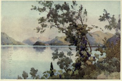 Ilta, Lago di Como, kuvitus Richard Bagotin teoksesta "Italian järvet". tekijältä Ella Du Cane