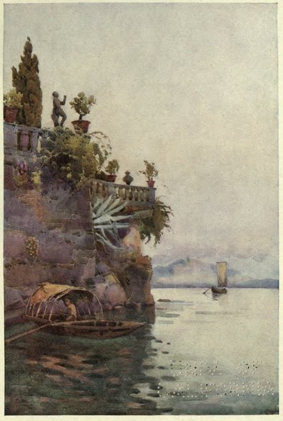 Terassin varjossa, Lago di Como, kuvitus Richard Bagotin teoksesta "Italian järvet" tekijältä Ella Du Cane