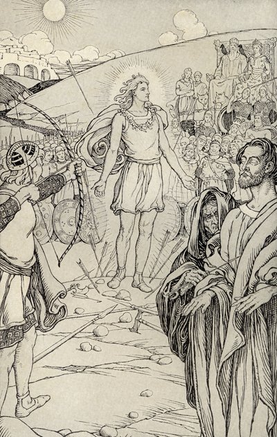 Jokainen nuoli ylitti hänen päänsä, kuvitus julkaisusta "Myths from Many Lands", julkaistu 1912 tekijältä Elmer Boyd Smith