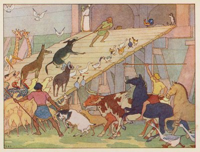 Nooan arkki: Menossa laivaan (värilitografia). tekijältä Elmer Boyd Smith