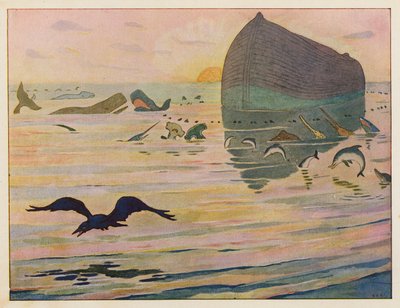 Nooan arkki: korppi lähetetään ulos (värilitografia). tekijältä Elmer Boyd Smith
